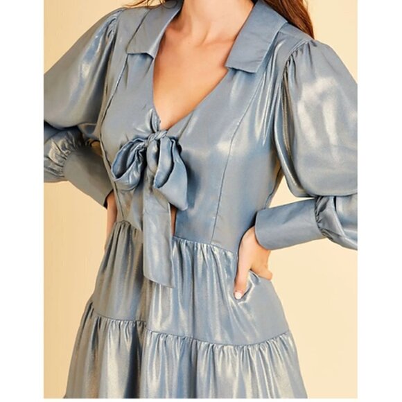 skirt and Stiletto Metallic Blue Mermaidcore Long Sleeve A Line Bow Dress - Picture 7 of 11